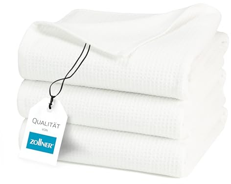 ZOLLNER 3er Set Duschtücher in 70x140 cm - langlebige Handtücher in weiß - mit praktischem Aufhänger - Zeitloses Waffelmuster - waschbar bis 95°C - Baumwolle - Hotelqualität