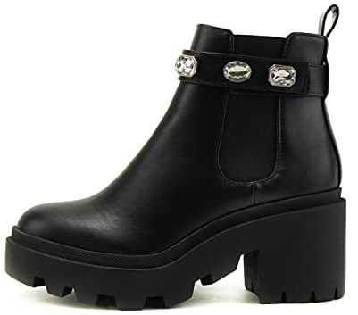 Soda PROFILE Women Lug Sole Mid Heel Chelsea Fashion Ankle Bootie w/Gleaming Studs (Black, numeric_11)