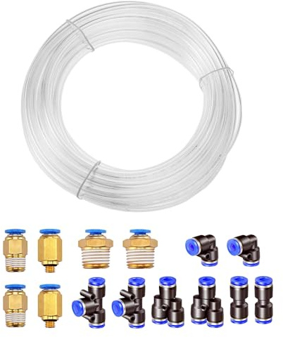 HUAZIZ 10 Meter PolyuréthaneTuyau Pneumatique 6 mm transparent, PU Tuyau Air, avec 14 Connecteur Pneumatique 4mm (2 Droits, 2 Coudes, 2 Raccords en T, 2 Séparateurs en Y, 6 Raccords Filetés Mâle)