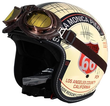 Retro Motorrad Pilotenhelm 3/4 Halbhelm Jethelme mit Sonnenblende Brille Vintage Roller Jethelm Moped Cruiser Chopper Sturzhelm ECE/DOT Approved (Gelb 66) (59~60cm L)