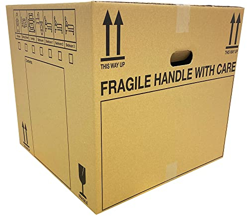 10 Extra Large Cardboard Packing Moving House Boxes 53cm x 53cm x 41cm with Carry Handles and Room List