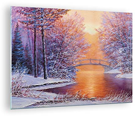 Vidrios decorativos Puente Nieve Bosque Cuadro Sobre Vidrio Moderno 70x50cm Decoracion Salon Dormitorio Cocina Cuadros Pared Impresiones Impresión en Cristal Wall Art Prints Decor GAA70x50-4545