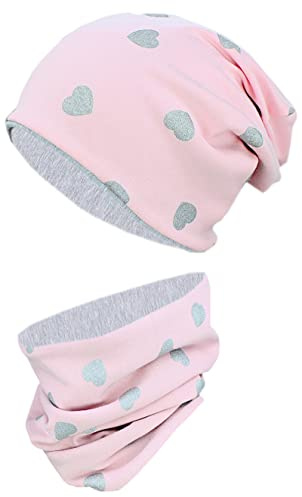 TupTam Kinder Mütze & Schlauchschal Set – Warm, Oeko-TEX, Farbe: Herzen Glitzer Grau/Pudderrosa Grau Meliert, Kinder Größe: 54-56