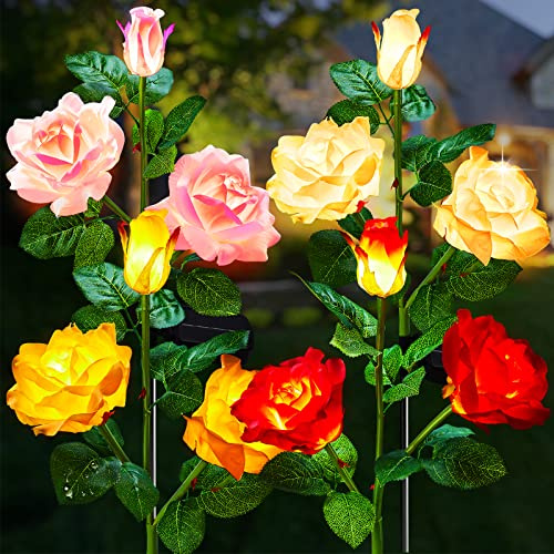 Brightown Outdoor Solar Garden Lights - 4 Pack LED Flower Lights with Realistic Rose, Bigger Solar Panel, Waterproof for Yard & Patio Decorations