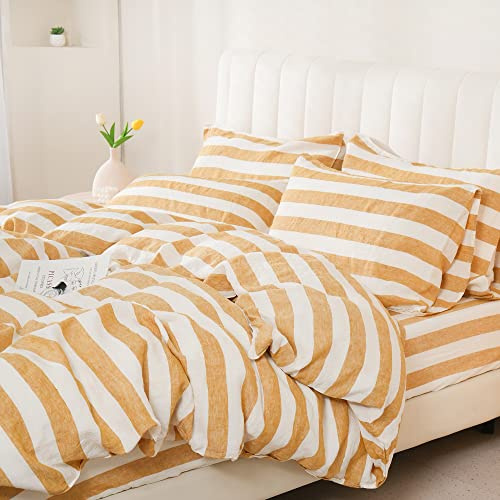 S VICTORY SYMBOL 100% Organic Linen Duvet Cover Set 3pcs,Yellow Stripe Yarn Dyed Pattern Farmhouse Bedding Set,French Natural Flax Comforter Cover Set King Size