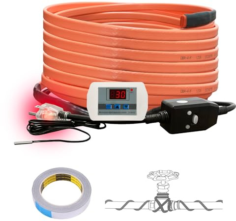 Cupohus Heat Tape for Water Pipes with Digital Display Thermostat 30FT, Freeze Protection Self-Regulating Heat Trace Cable for Metal, Plastic Home Pipes, Roof and RV, 110-120V