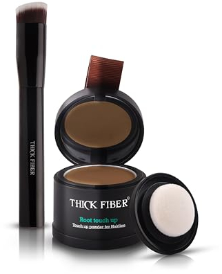 THICK FIBER Root Touch Up & Hairline Powder with Brush 4g – Covers Grey Roots & Thinning Hair – Sweat & Water Resistant – Hair Concealer for Bald Spots & Fill-In (Light Brown) for Women & Men
