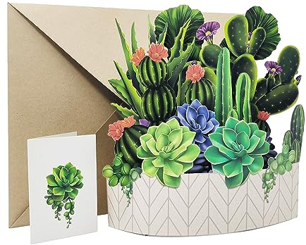 ZHDOKA Handgefertigte Pop-up-Blumenstrauß-Grußkarte, 3D-Papier, Kaktus-Gänseblümchen, Rosen, Lilien, Pop-up-Karte mit Leerer Notizkarte und Umschlag für Frauen, Beste Freunde, Mutter,(Kaktus)