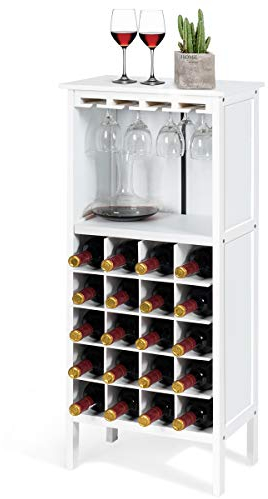 KOMFOTTEU Weinschrank, Weinständer mit 20 Flaschen & 4 Reihen Weinglashalter, Flaschenständer stehend 42 x 25 x 96 cm, Weinregal Holz für Küche, Esszimmer, Bar (Weiß)