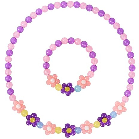 Yarkeuier Girls Jewelry Set - Cute Flower Beads Necklace Bracelet-Toddler Girls Flower Jewelry - Stretchy Chunky Costume Jewelry Present Toy-Purple