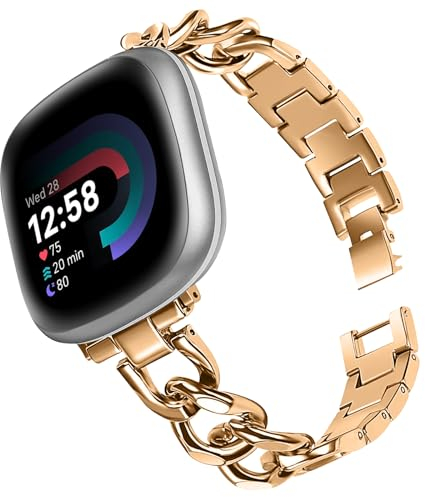 KeeFos Armband für Fitbit Versa 4/Fitbit Versa 3/Fitbit Sense 2/Fitbit Sense, Damen Edelstahl Metall Uhrenarmband Armbänder für Fitbit Versa 4/Versa 3/Fitbit Sense 2/Sense - Roségold