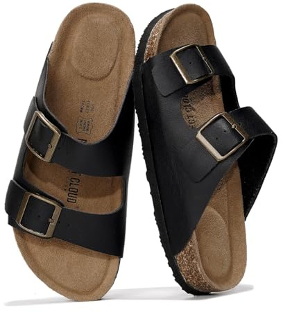 Project Cloud 100% Genuine Leather Flat Sandals For Women 2026 Cork Footbed Womens Sandals with Memory Foam and arch support Vacation Essentials Slides for Women Footwear (Venita, Black, 8)