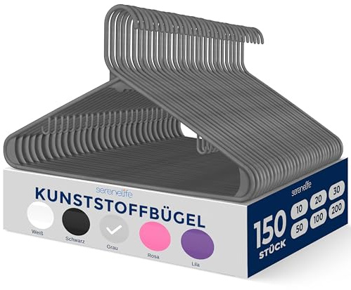 SereneLife Kleiderbügel Plastik, 150 Stück für Kleideraufbewahrung & Organisation, Platzsparende Kleiderbügel Plastik, rutschfeste Bügel Hanger Ultradünn & Robust für Kleider, Jacken & Röcke, Grau