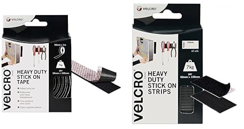 VELCRO Brand Heavy Duty Stick On Tape, Black 50mm x 1m + Heavy Duty Stips, Set of 2.