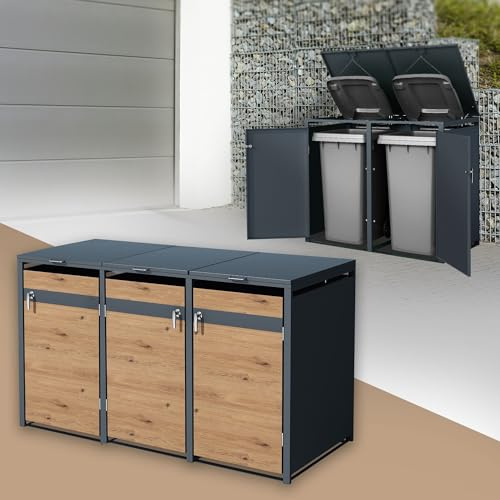 ML-Design Box pour 3 Poubelles, 240L, 200x80x116,3cm, en Acier, Anthracite/Aspect Chêne, Résistant aux Intempéries/Verrouillable, Habillage de Poubelle, Couvercle Rabattable/3 Portes, Conteneur Hangar