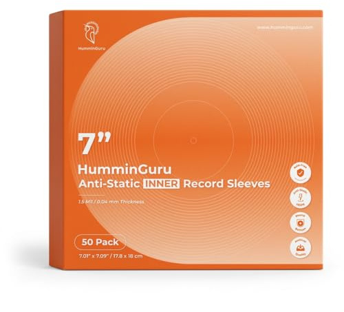 HumminGuru Innerfodral för Vinylskivor, 7 tum, Syrafria och Antistatiska Vinylfodral, 1,5 mil HDPE Innerfodral för Skivor, Skivfodral med Rund Botten för Albumomslag, 50-pack (7 tum Innerfodral)