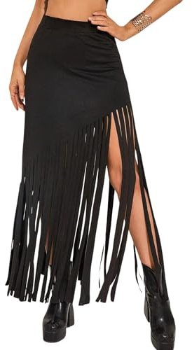 Ella Lust Faldas largas de vaquera con flecos para mujer, trajes de concierto del país occidental, dobladillo entallado, borlas, cintura alta, falda larga de tubo, Negro, XS