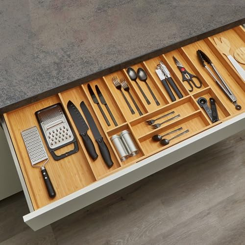 Besteckkasten, 90-120 cm, SO-BOX, Bambus, 11 auf 13 Fächer ausziehbar | Für Schubladen mit Breiten von 90-120 cm.