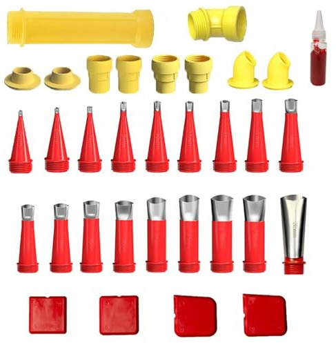 Tashce 33 Pièces Embout Cartouche Silicone, Buse Inox, Universel, Réutilisable | 18 Buses Acier Inoxydable, 4 Raclettes, 10 Manchons, Graisse Anti-Séchage, Bouche 45°, Marquage Numéro, Installation Rapide
