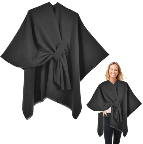 Shengxi Poncho da Donna Grande Scialle Caldo Sciarpa Elegante in Maglia Fronte Aperto Lavorato Capes Invernali (IT, Testo, Taglia Unica, Regular, Nero)