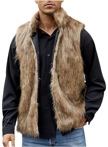 Mrat Men's Faux Fur Gilet Fleece Bodywarmer Thermal Vest Lightweight Sleeveless Padded Fuzzy Coat Winter Windproof Outwear Jackets Elegant Luxury Waistcoat Soft Open Front Cardigans