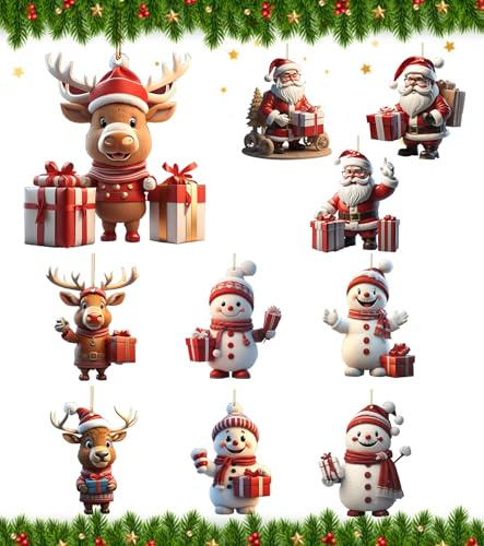 TAKONE 10 Stück Weihnachtsbaum Deko – 2D Acryl Anhänger für Weihnachten, 2024 Lustige Hängende Weihnachtsdekorationen für Tür, Fenster, Innen- und Außendekoration