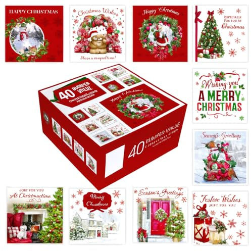 Charity Christmas Greeting Cards Assortment Box 40 Pack Xmas Cards |10 Unique Christmas Designs Festive Seasons Greetings For Friends Family | Ecofriendly, Recyclable Greeting Cards