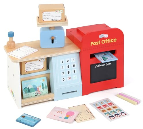 SOKA Wooden Post Office Play Set with Stamps and Mail Creative Pretend Play Toy Role Playset Educational Montessori Developmental Game For Kids Children Boys Girls 3 year old +
