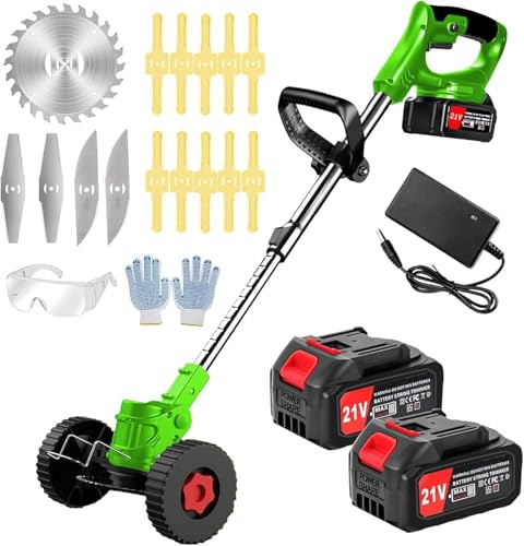 DéBroussailleuse à Batterie Electrique 21V Coupe Bordure sans Fil avec Batterie&Trois Types De Lames& Faible Bruit La Longueur Peut être ajustée pour Jardin, Pelouse, Ferm