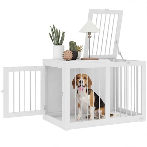 PawHut Gabbia per Cani con 2 Porte Bloccabili, Casetta per Cani Taglia Media da Interno, Acciaio e MDF, 80x50x56.5 cm, Bianco