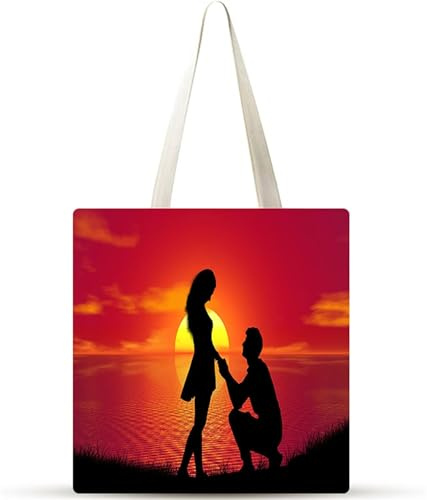 Pareja al atardecer en la playa Bolsa de Lona 38x34cm Tote Bag sin Cremallera,juego de 1 Canvas Tote Bags para Mujer,Bolsa de Compras Plegable,Bolso de Mano Lavable para Compras,Vida Cotidiana,Viajes