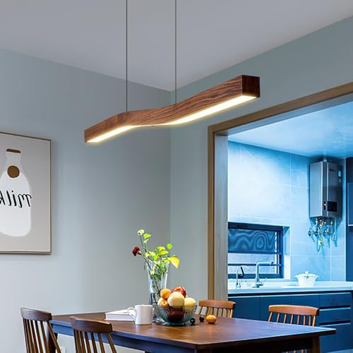 Bellastein LED Pendant Light Dining Table Wood Dining Room Lights, Modern Pendant Lamp with Remote Control Height Adjustable Wooden Lamp for Modern Island Lighting for Office, Kitchen (90cm)