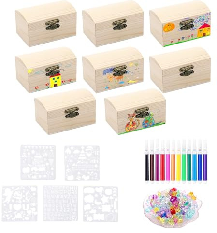 8 Stück Set Schatztruhe Kindergeburtstag, Mini Schatztruhe Schatzkiste Kindergeburtstag Schatzkiste Zum Bemalen 9x5x5cm Schatzkiste, Holzkiste Mit Diamantaufkleber Für Bemalen Und Basteln Geburtstags