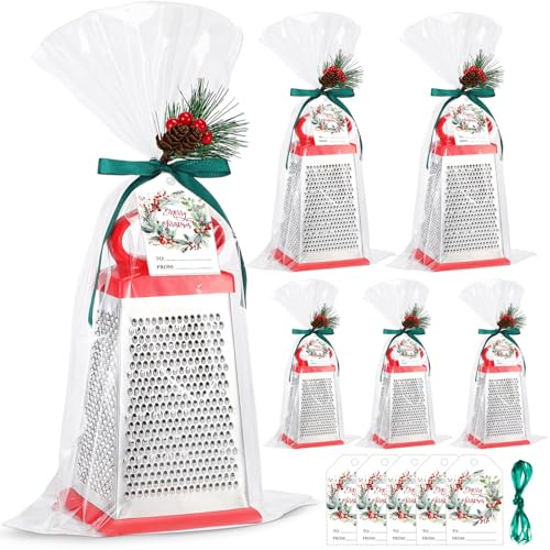 Lemonroad 6 Sets Christmas Grater Gift Set Professional Large Cheese Metal Box Grater with Handle 4 Sided Handheld Kitchen Food Shredder for Cheese Ginger Potato Xmas Neighbor Family Supplies