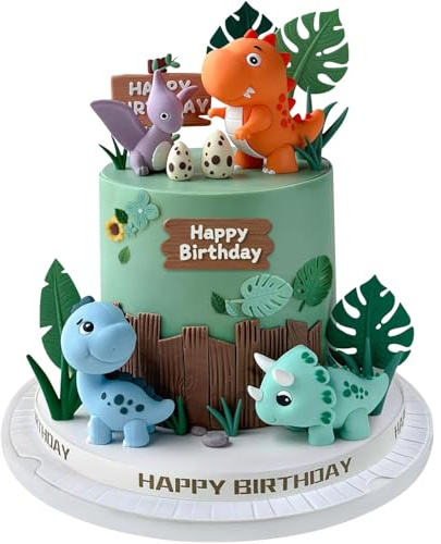 17PCS Dinosaur Cake Toppers, Dinosaur Eggs Leaves Grasses Cake Decorations with Happy Birthday Sign Cake Toppers for Dinosaur Themed Birthday Party Decorations