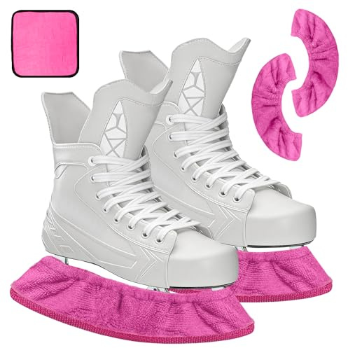 Feruchun 1 Paire Protège-Lames pour Patins à Glace,Protection de Patin a Glace avec 1 Serviette,Élastiques Protège-Patins pour Artistique et Hockey,Jeunes et Adultes (Rose)