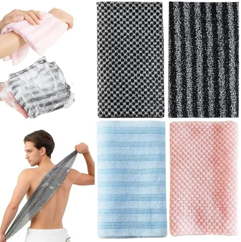Japanese Exfoliating Towel, 4PCS Exfoliating Antibacterial Shower Towel Double-Sided Exfoliating Net Sponge Extra Long Back Exfoliating Towel for Men Women