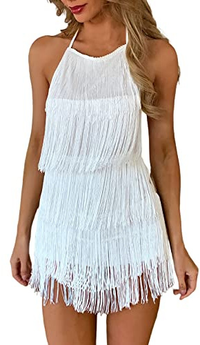 Tobysper Vestido de mujer sexy sin espalda con flecos, vestido de fiesta, mono corto