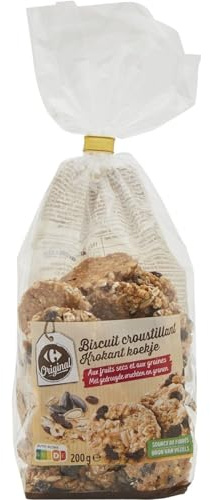 CARREFOUR ORIGINAL Biscuits aux fruits secs et graines - Sachet de 200g - Source de fibres - Mélange gourmand raisins, arachides, noisettes et graines de tournesol et sésame - Lot de 3