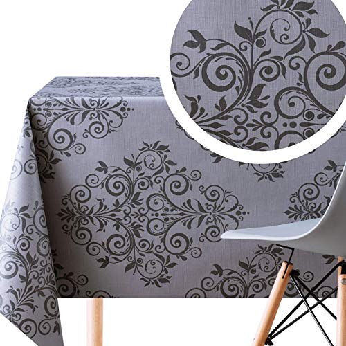 Wachstuchtischdecke Barock Damast Dunkler Graphit und Grau - Geprägtes Rechteckige 250 x 140 cm - Abwischbare PVC Tischdecke Wasserabweisend- Luxuriöse Orientalische Vinyl Wachstuch Pflegeleicht