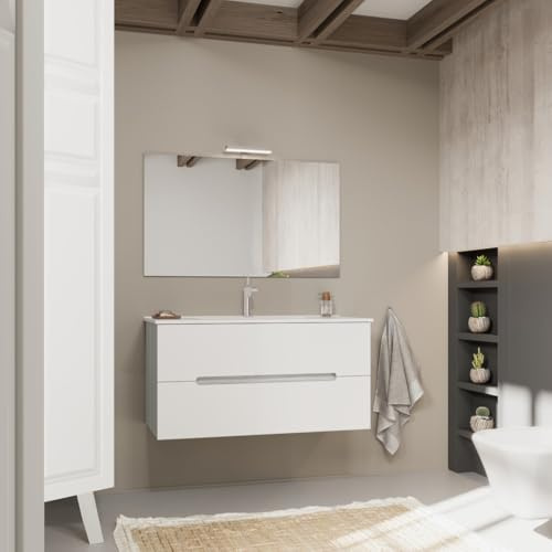 Kiamami Valentina - Mobile bagno cassetti bianco opaco e legno grigio 100cm | Magnolia