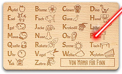 Frühstücksbrett mit Name/Text gravieren - Brettchen für Kinder, Alphabet, Geschenk zur Einschulung für Mädchen, Jungen - ABC-Holzbrett Buche I Personalisiert, Lasergravur