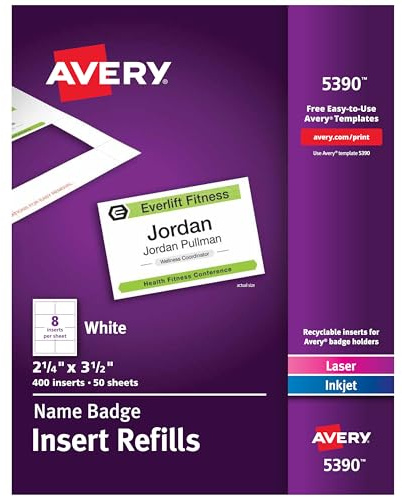 Avery Personalisierbare Namensschild-Einsätze, 5,7 x 8,9 cm, Weiß, 400 bedruckbare Namensschild-Einsätze (5390) (5 Stück)