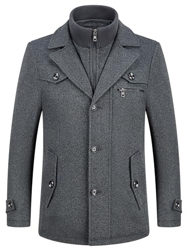 KUDORO Herr Kort Ull Casual Business Regular Fit Tjock Ullblandning Krage med Avtagbar Intern Krage Parka Trenchcoat, Mörkgrå, S