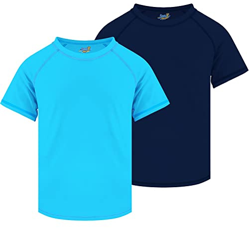 Boys Rash Guard Swim Shirt Short Sleeve, 2 Pack Blue and Navy Blue UPF 50+ Sun Protection Quick Dry Slim Fit Fishing Surf Shirt Cool Beach Clothes for Youth Kids Size 14-16 Years