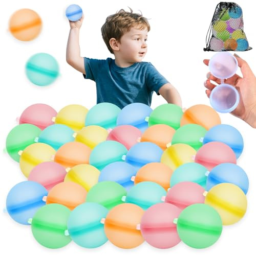 SaiXuan Wiederverwendbare Wasserballons 36 PCS, Selbstschließende Silikon Wasserbomben in 6 Farben, Wasserbälle Wiederverwendbar für Kinder & Erwachsene, Wasserspielzeug für Sommer, Garten & Pool