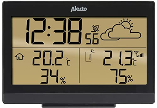Alecto WS-2300 Funk Wetterstation - Kabelloser Sensor - Innen und Außentemperatur - Hygrometer - Wettervorhersage - Frostalarm - Wecker mit Schlummerfunktion - schwarz