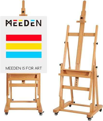 MEEDEN Extra Große H-Rahmen Staffelei, Schwere Buche Holz Atelierstaffelei, Hält Leinwand bis 208,3 cm, Klappbare Verstellbare Holzstaffelei Malstaffelei mit Rädern für Künstler Erwachsene