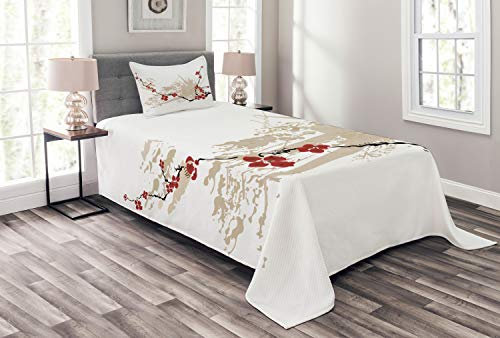 ABAKUHAUS Grunge Tagesdecke Set, Japan Sakura Blumen, Set mit Kissenbezügen Waschbar, für Einzelbetten 170 x 220 cm,Beige Weiß
