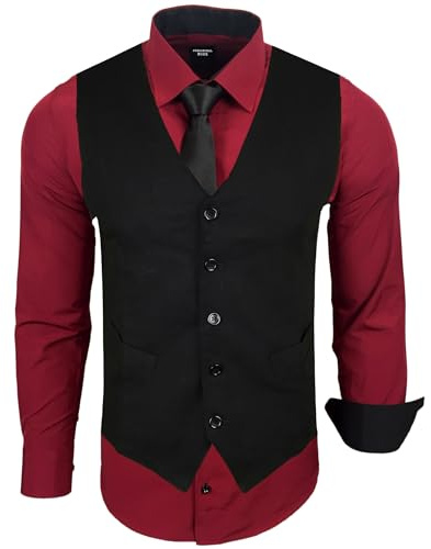 Subliminal Mode - Gilet + Chemise + Cravate Homme Col Bicolore Uni Manches Longues Coupe Ajusté Business Repassage Facile RN33 Noir et Bordeaux L